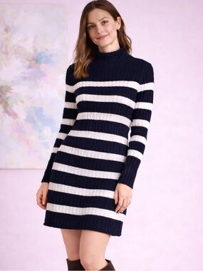 Vineyard Vines Nautxal Navy White Roll Neck Stripe Sweater Dress Mini XXS NWT